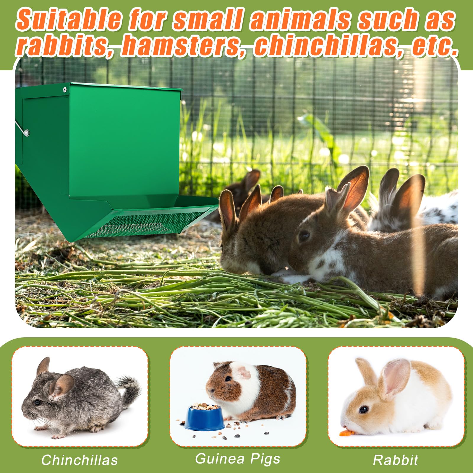 Maxcheck green outdoor rabbit feeder suitable for pellets, grit, and shells.