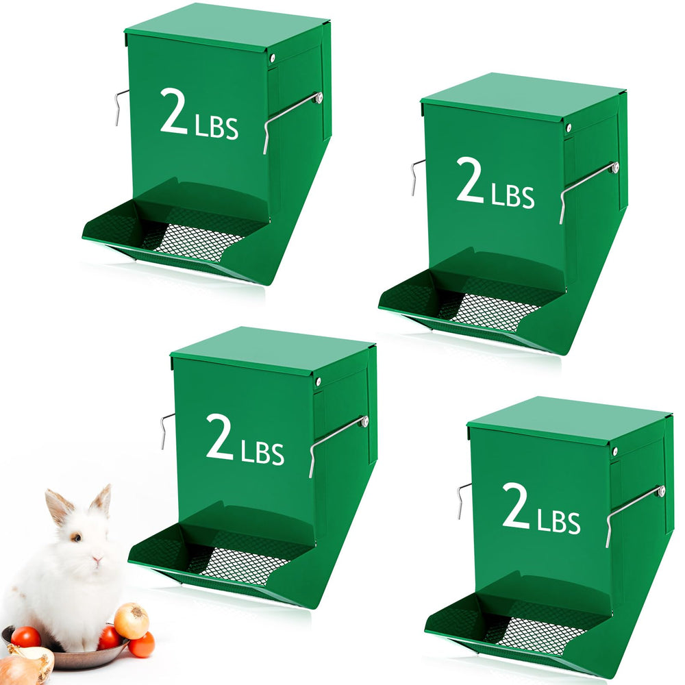 Maxcheck rabbit feeder inside cage in green provides easy access to food.