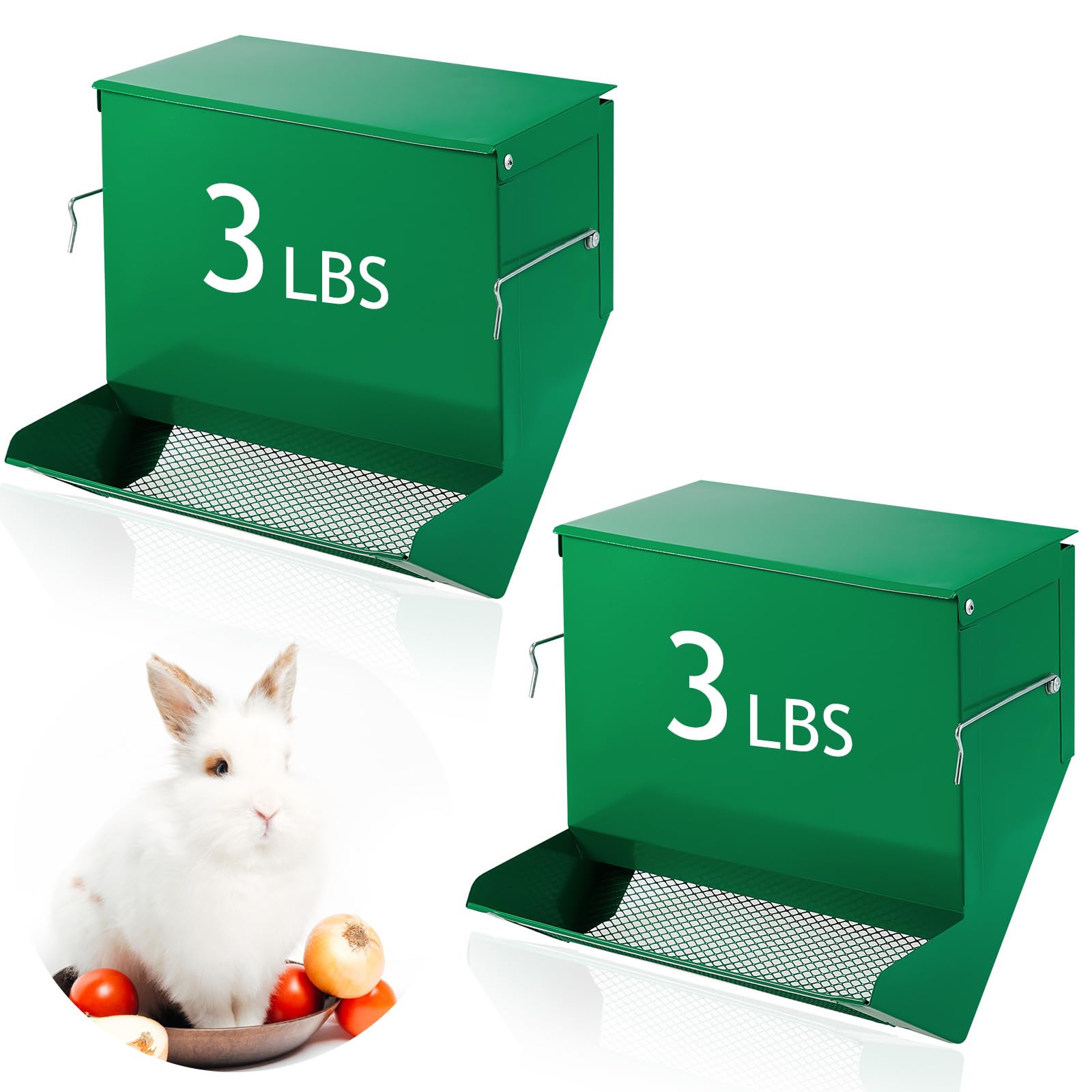 Maxcheck rabbit feeder with lid and mesh bottom for clean, dry pellets.