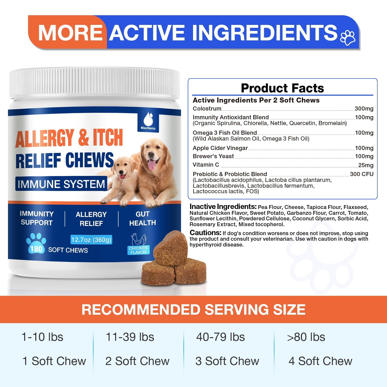 Calm-looking dog beside MaxHemp 180 Chews highlights daily use.