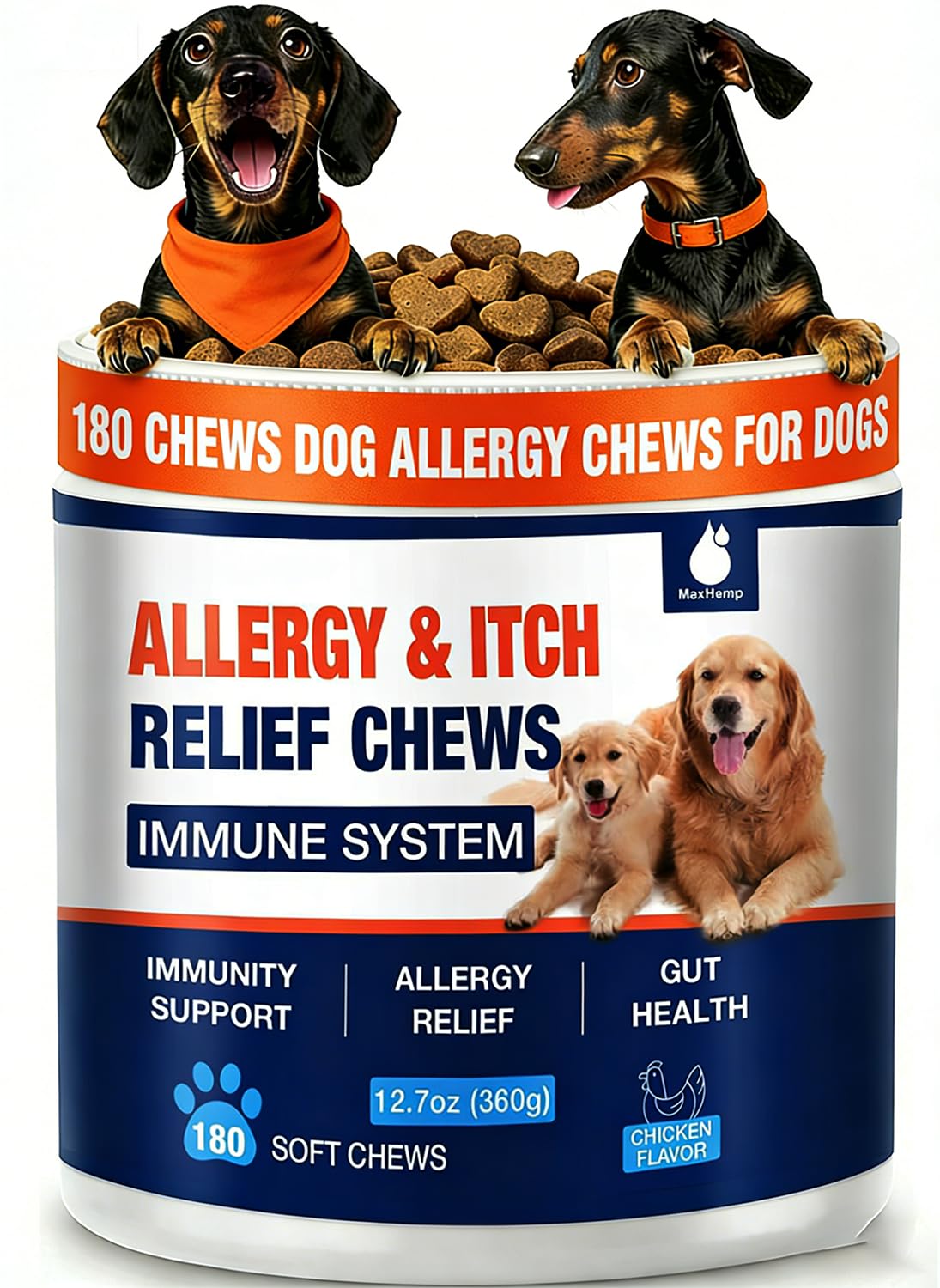 MaxHemp 180 Chews packaging signals a natural dog allergy relief option.