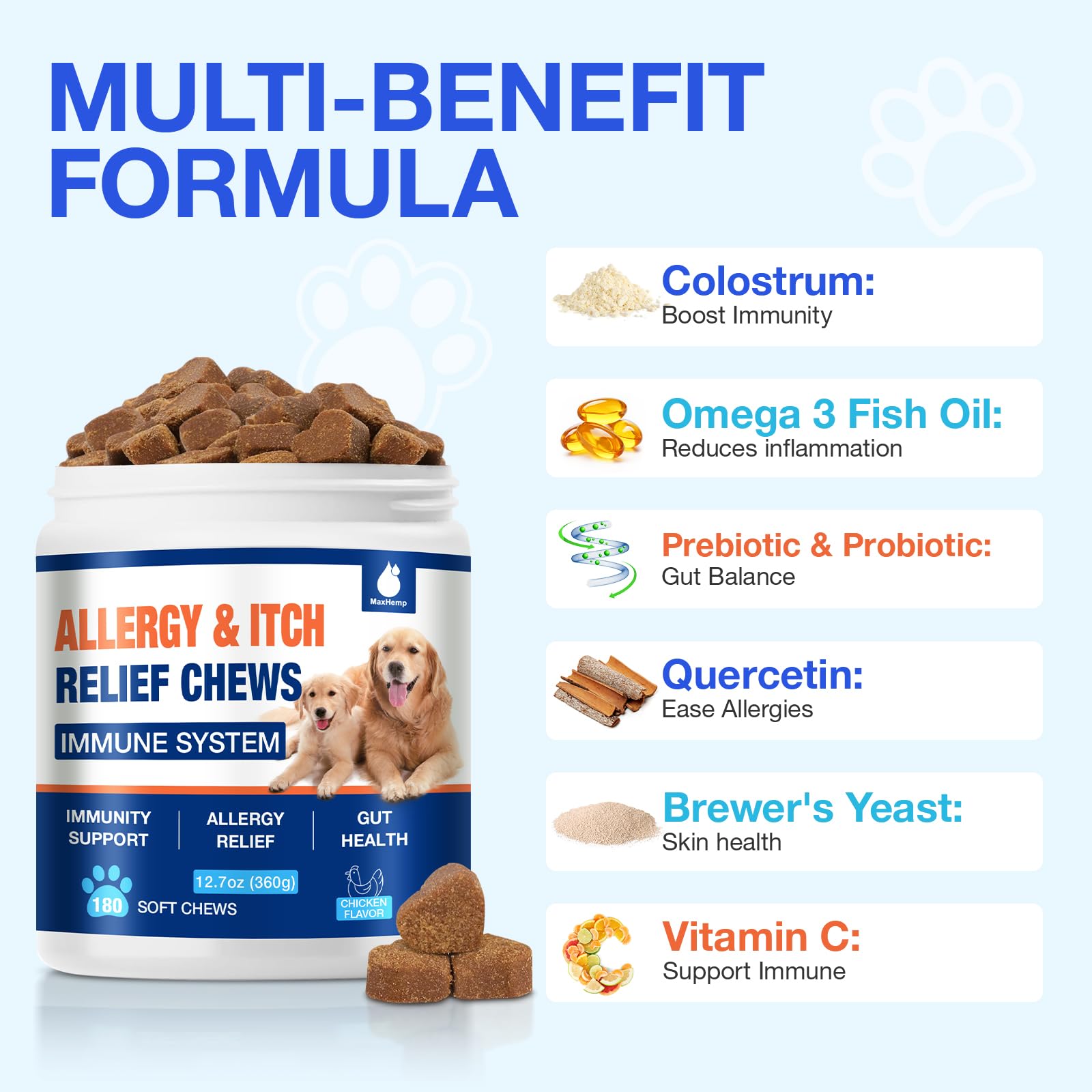 Dog paw close-up shows skin support from MaxHemp 180 Chews.