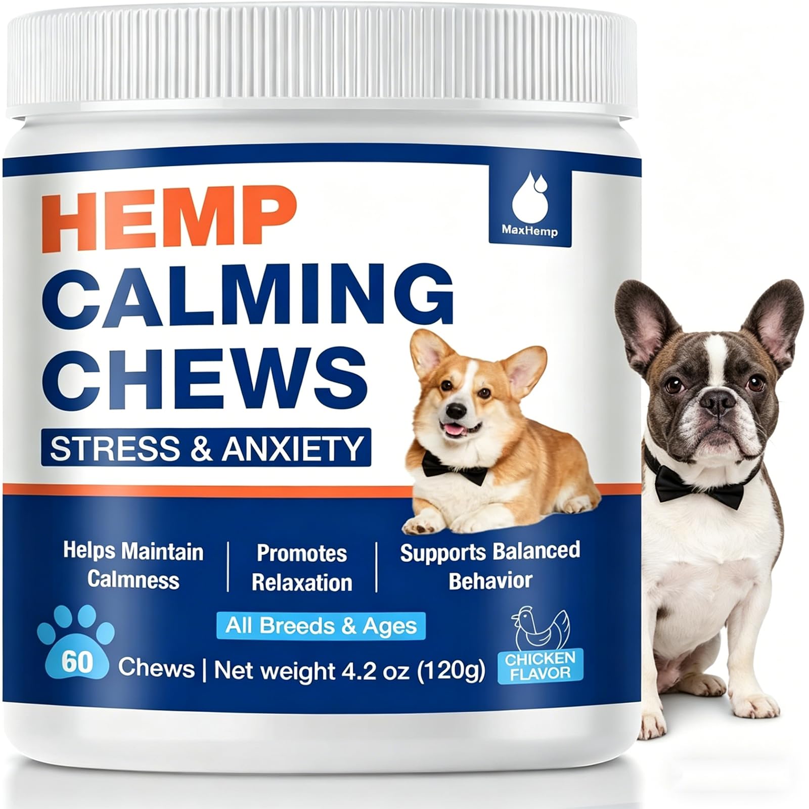 MaxHemp dog calming chews bottle packaging showing quick stress relief.