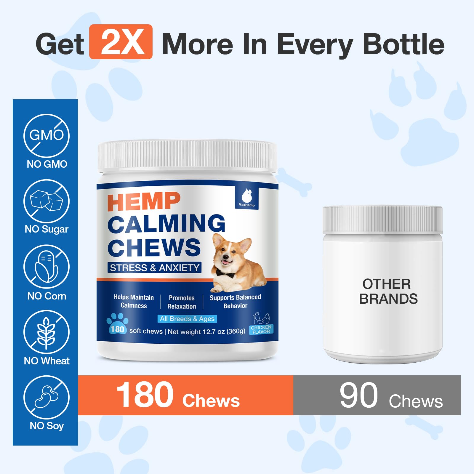 MaxHemp calming chews beside leash for routine vet or car trips.