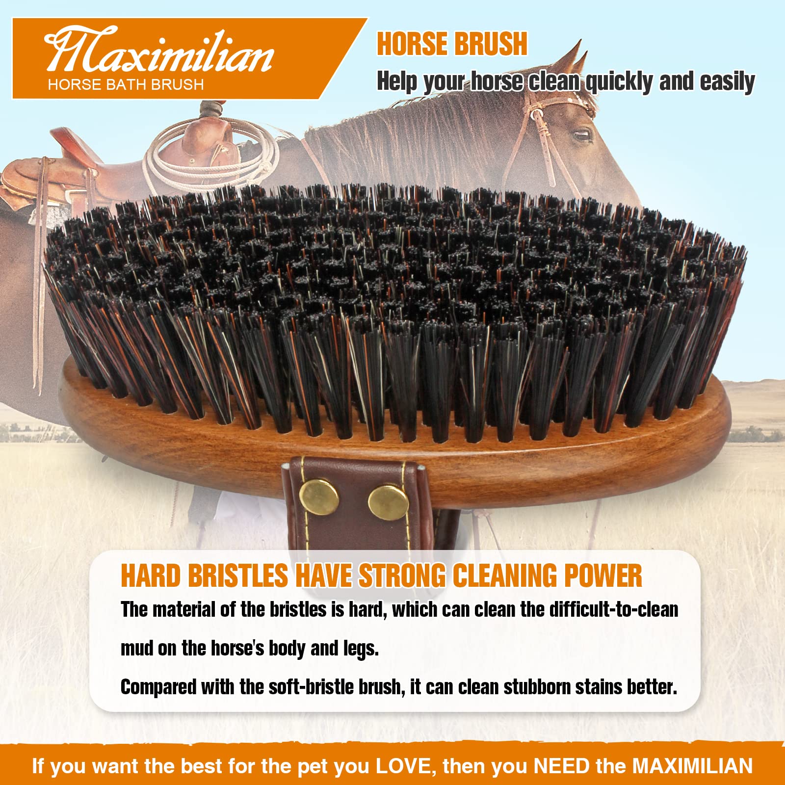 MAXIMILIAN Hand-nailed leather strap allows adjustable grooming grip.