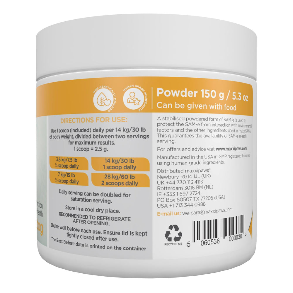 maxxipaws maxxiSAMe packaging label showing natural supplement.