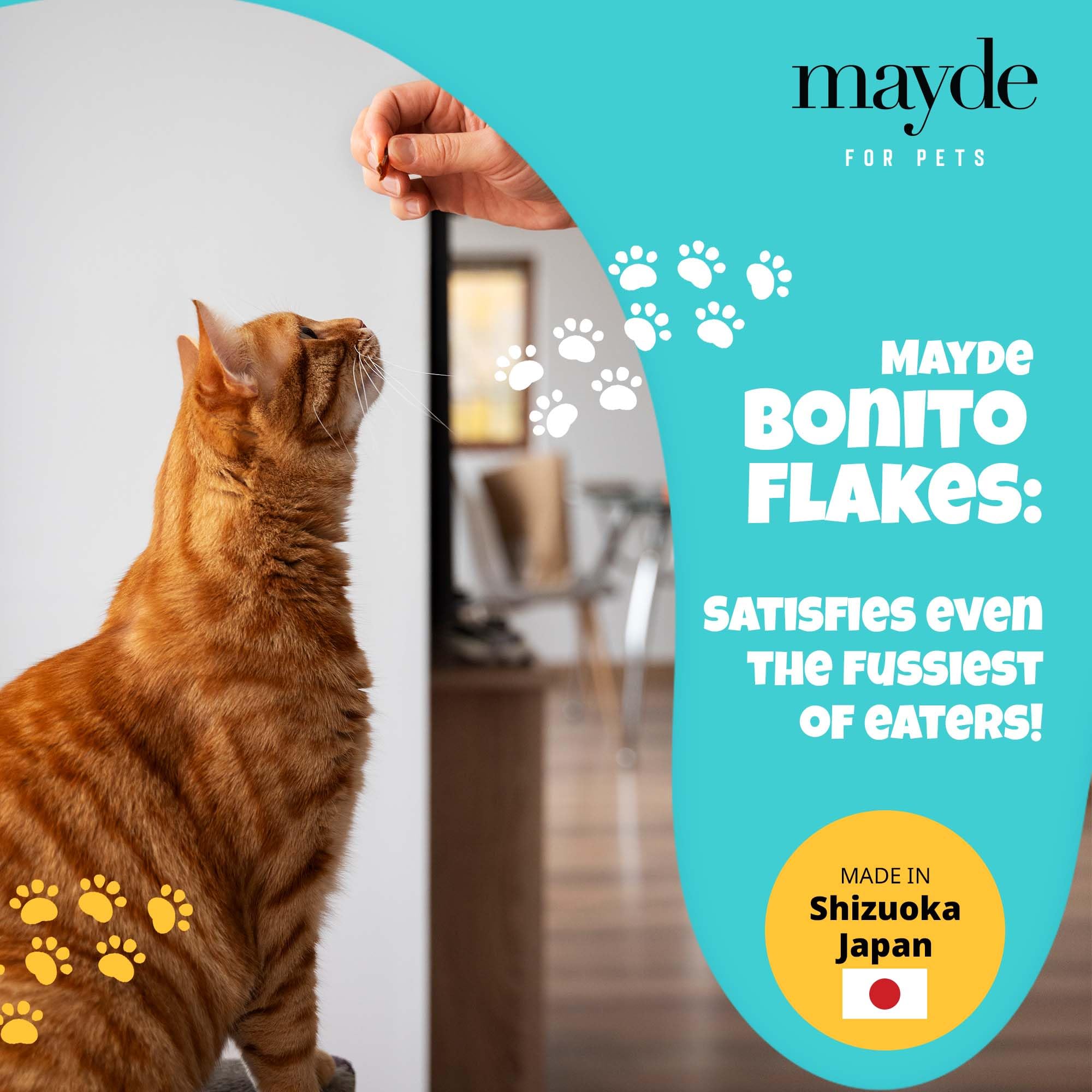 Open bag of Mayde bonito flakes showing easy-to-pour packaging.