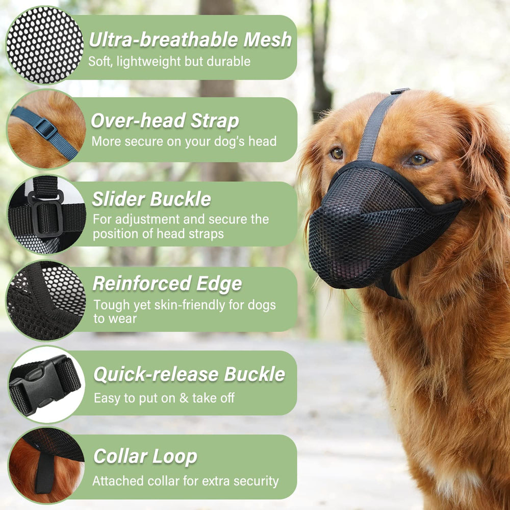 Mayerzon muzzle shows breathable mesh panels for ventilation on walks