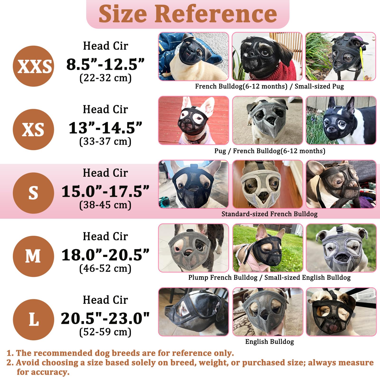 Mayerzon five sizes fit brachycephalic breeds like pugs and bulldogs