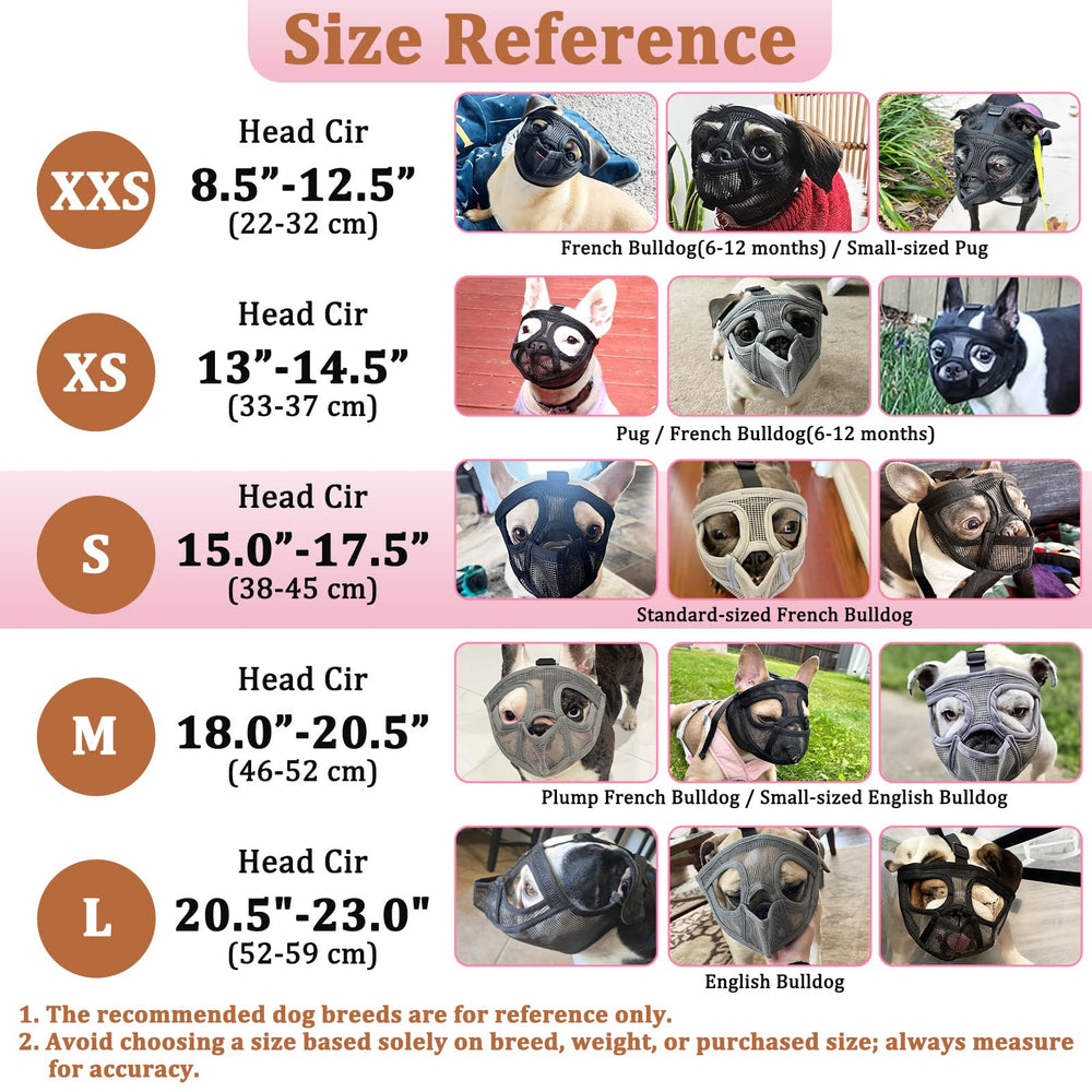 Mayerzon five sizes fit brachycephalic breeds like pugs and bulldogs