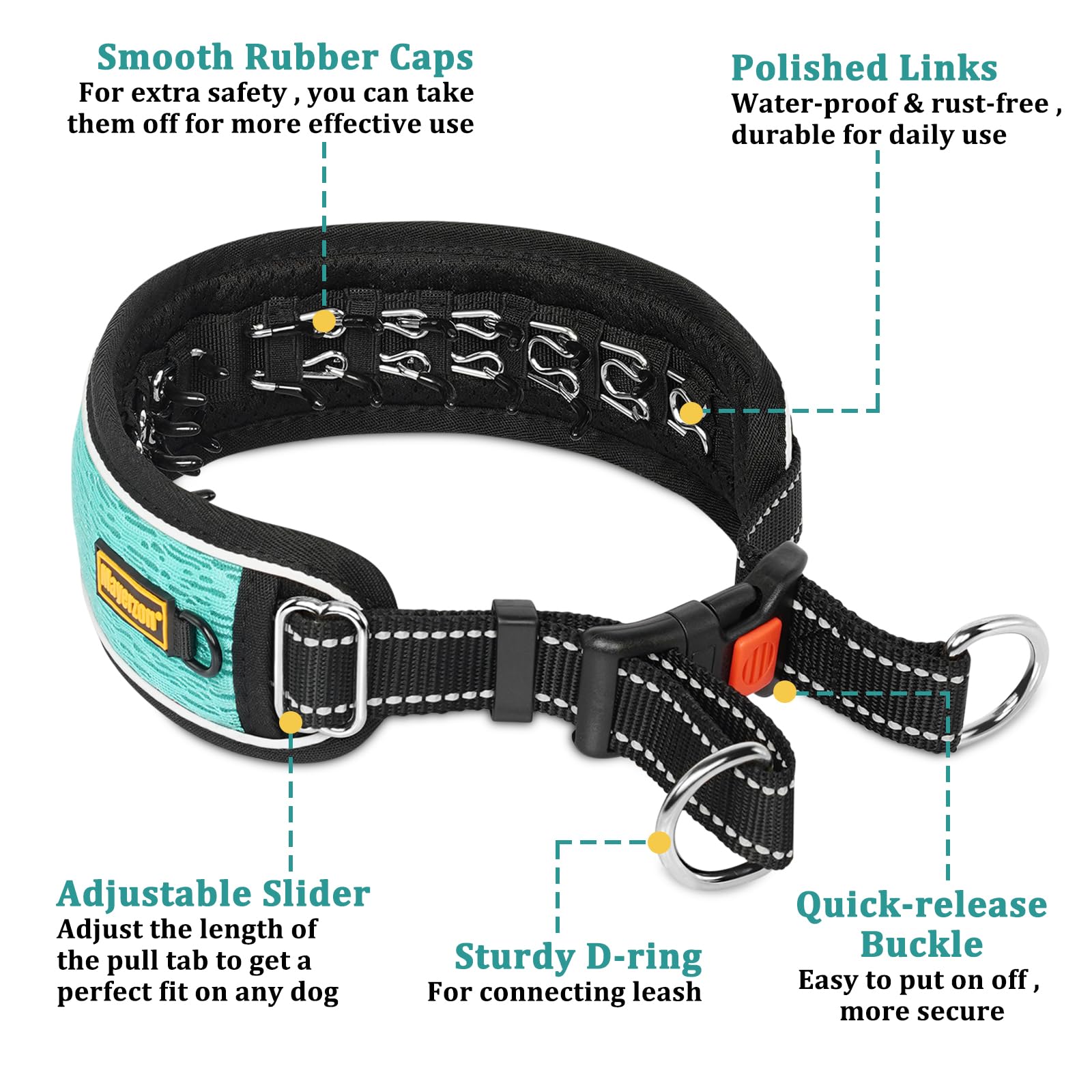 Mayerzon collar at night shows reflective threads for safer walks.