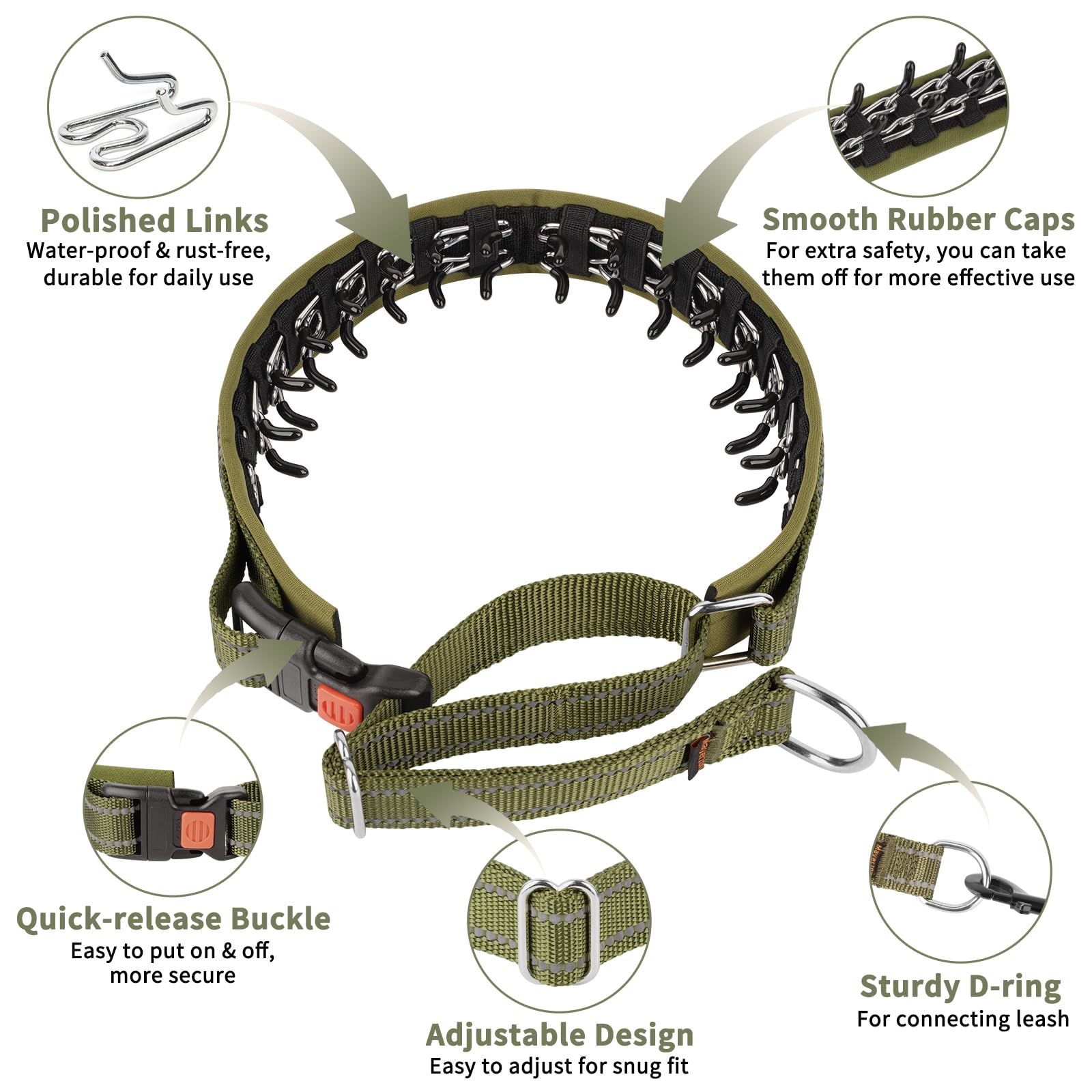 Mayerzon no pull collar with reflective webbing enhances safety during night walks.