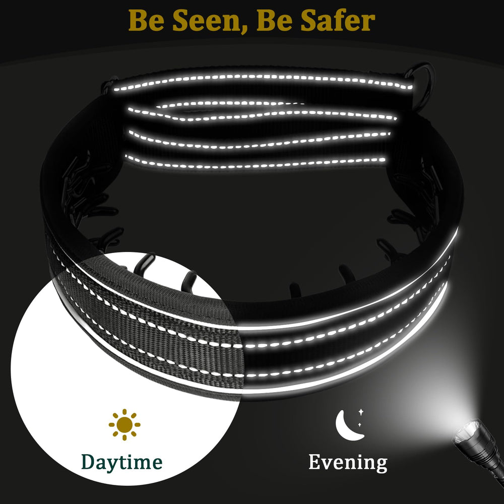 Mayerzon reflective strip collar enhances visibility for early morning or late-night walks.