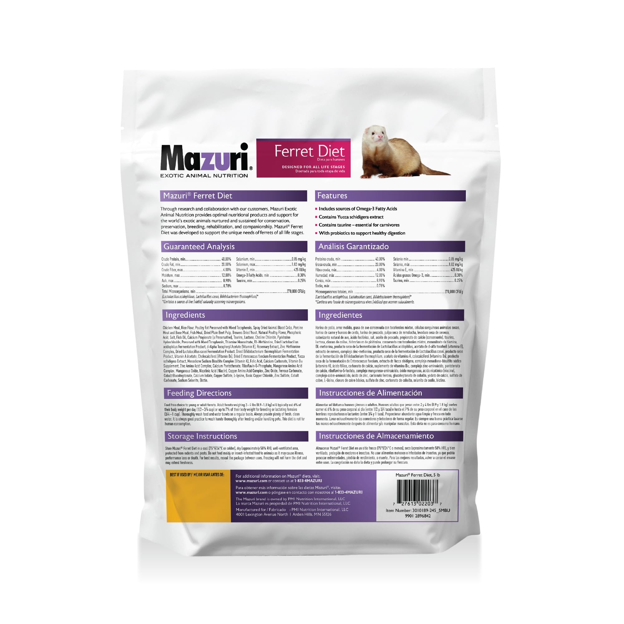 Mazuri Ferret Diet protein sources image highlights diverse animal proteins.