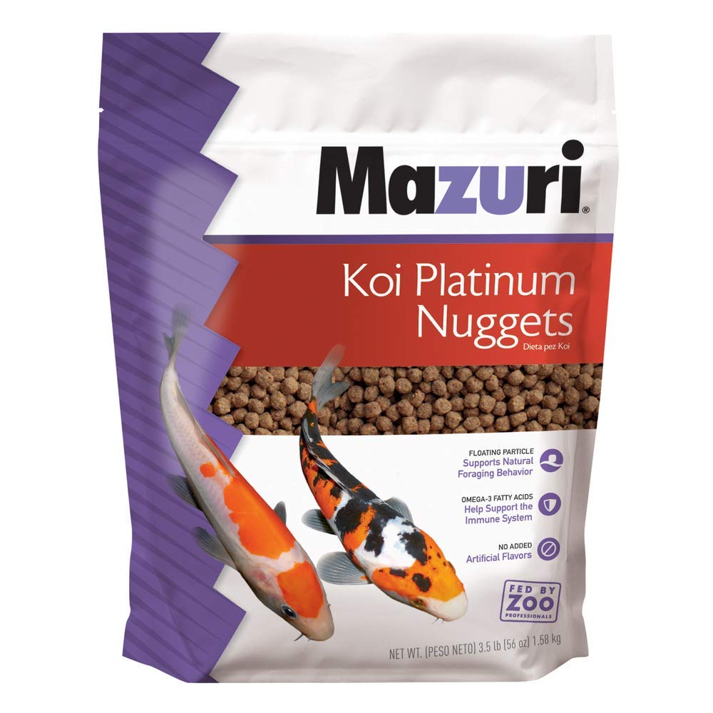 Mazuri Koi Platinum Nuggets bag front; balanced koi nutrition for daily feeding.
