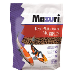 Mazuri Koi Platinum Nuggets bag front; balanced koi nutrition for daily feeding.
