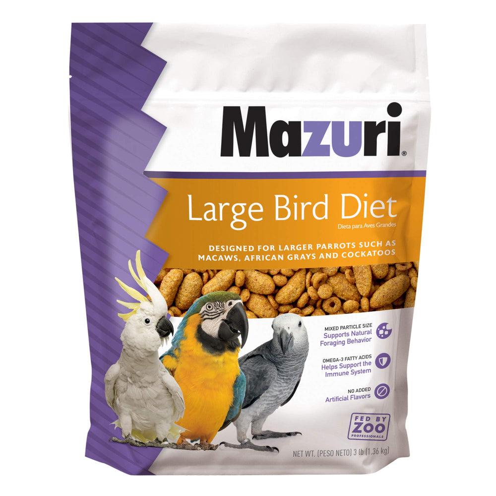 Mazuri large bird food bag 3 lb ready for storage and feeding.