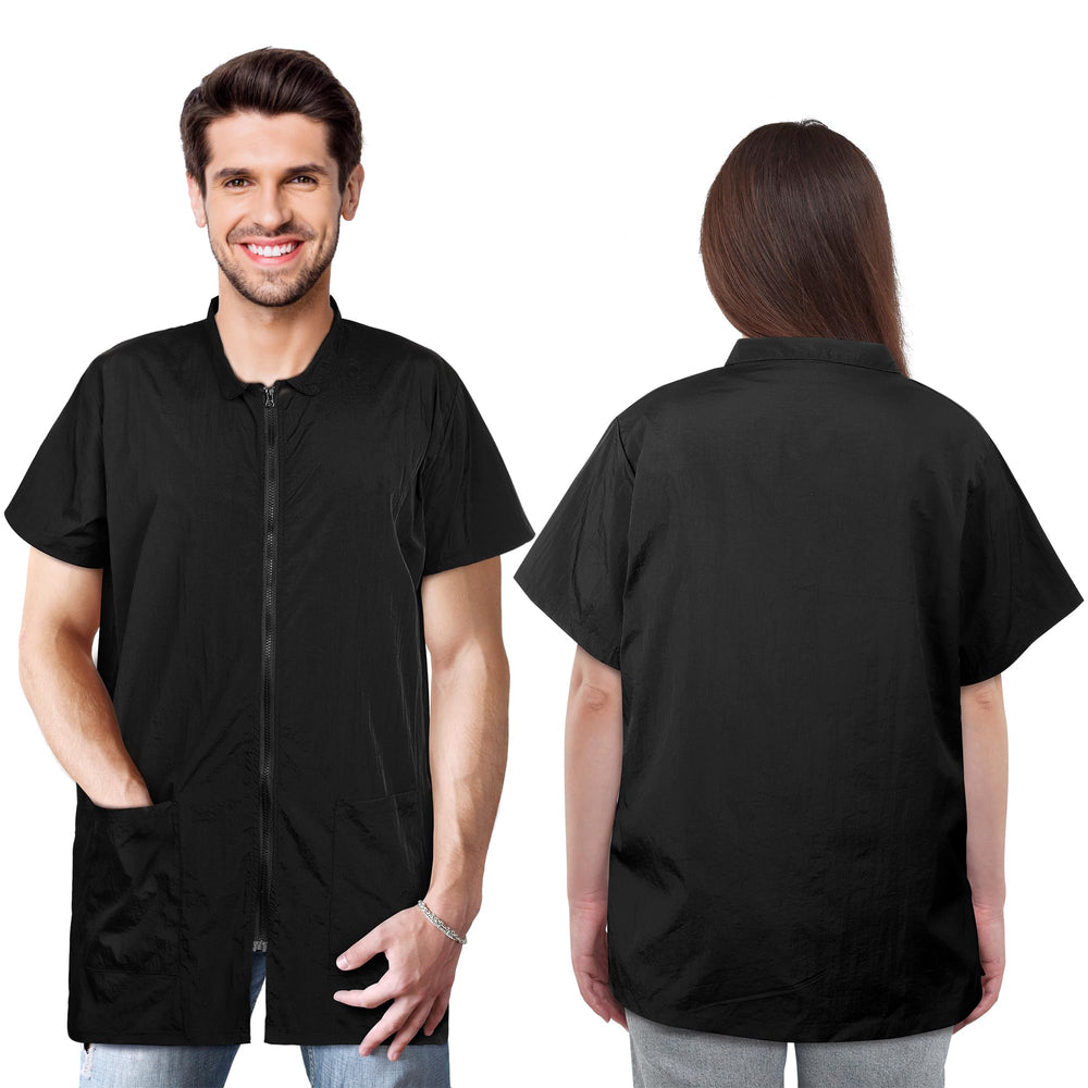 MCEAST 2-pack black pet groomer uniforms front view, designed for professional comfort during long sessions.