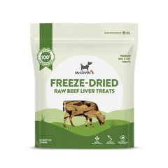 McLovin's Pet Food freeze-dried beef liver treats in bag front, high-protein canine snack.