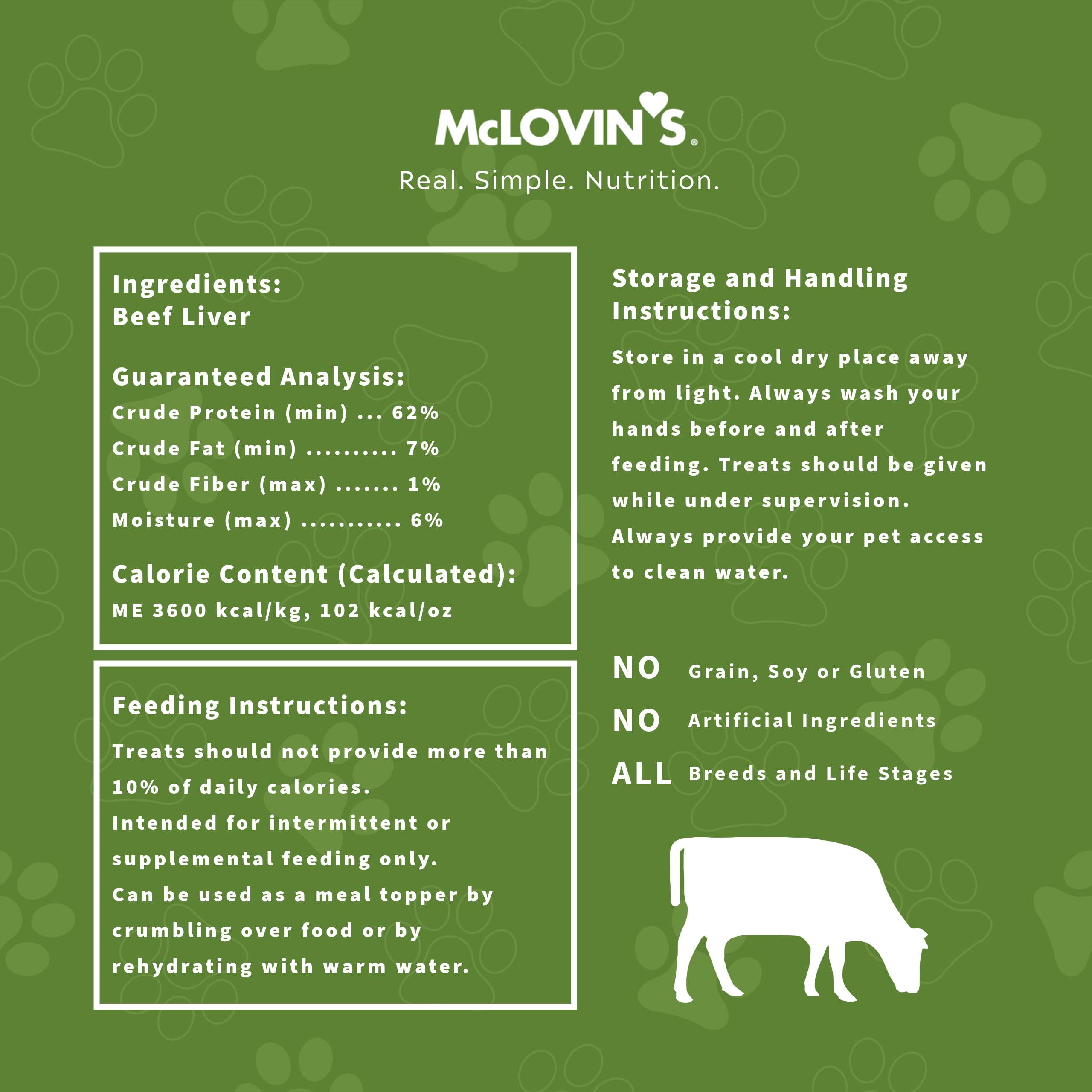 Single-ingredient label from McLovin's Pet Food emphasizing purity and simplicity.
