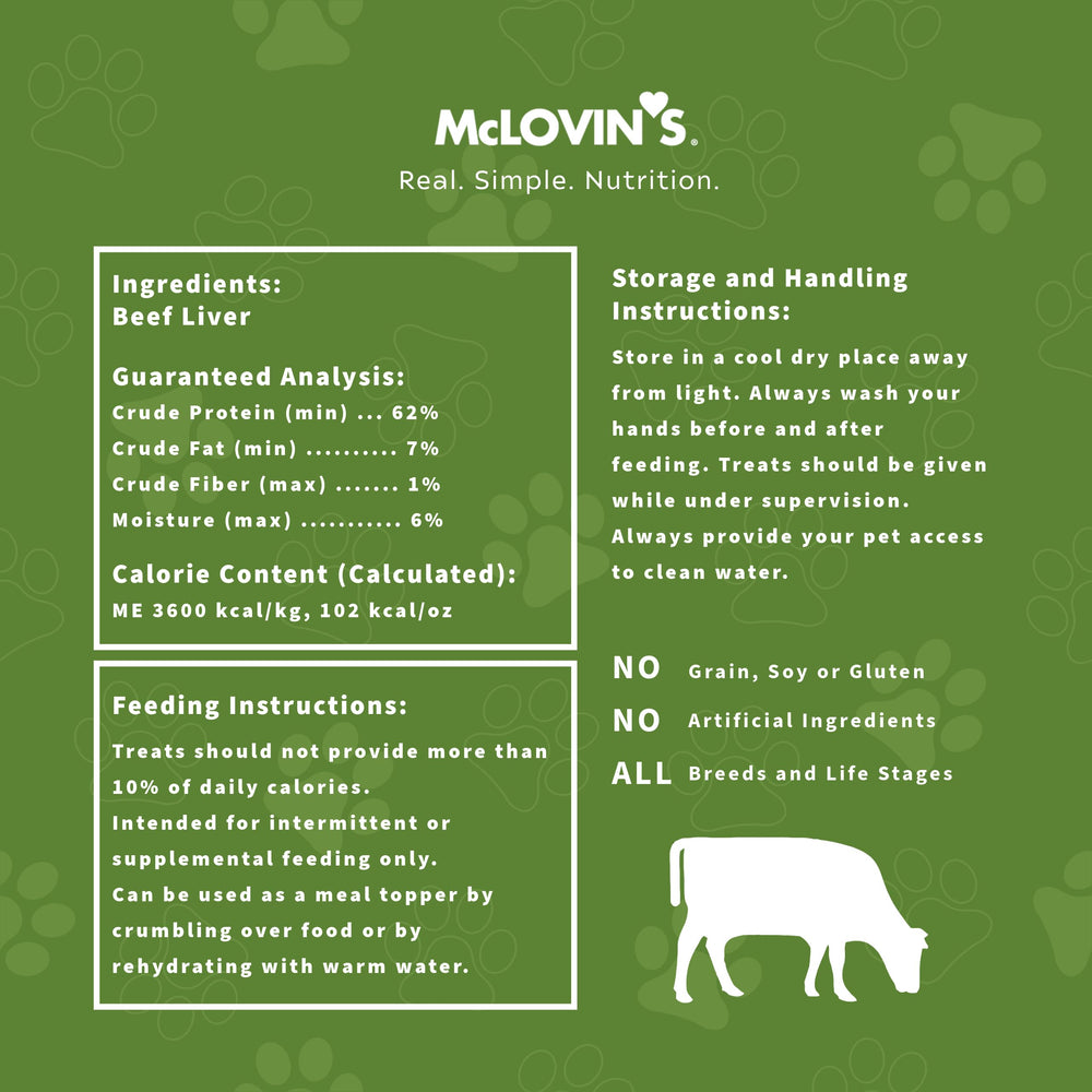 Single-ingredient label from McLovin's Pet Food emphasizing purity and simplicity.