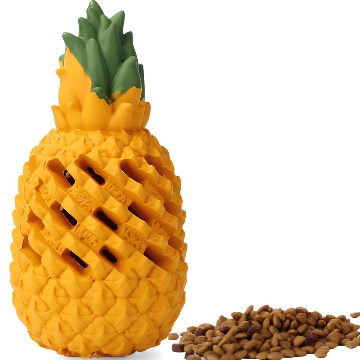 M.C.works pineapple dog toy with hollow center for treat stuffing, reducing boredom during chew sessions.