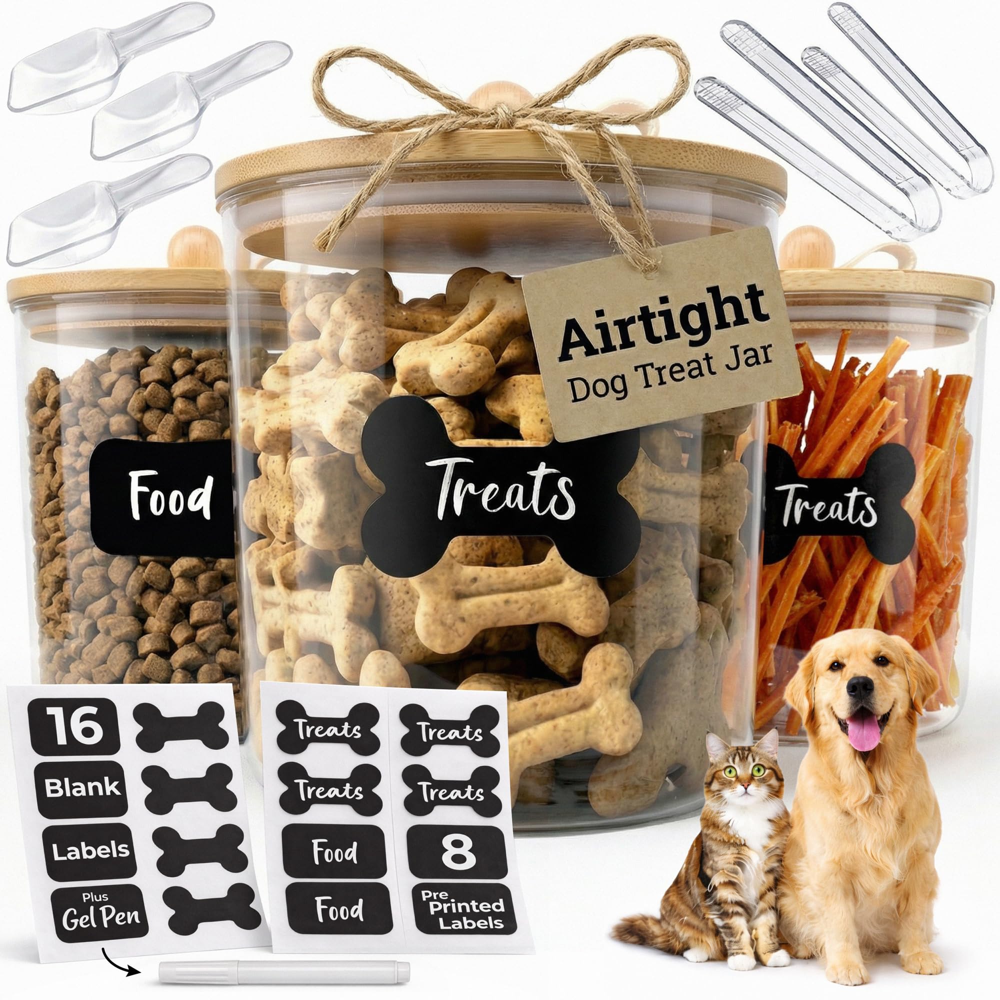 Me and Furry clear acrylic treat containers for quick pet food level checks.