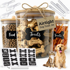 Me and Furry clear acrylic treat containers for quick pet food level checks.