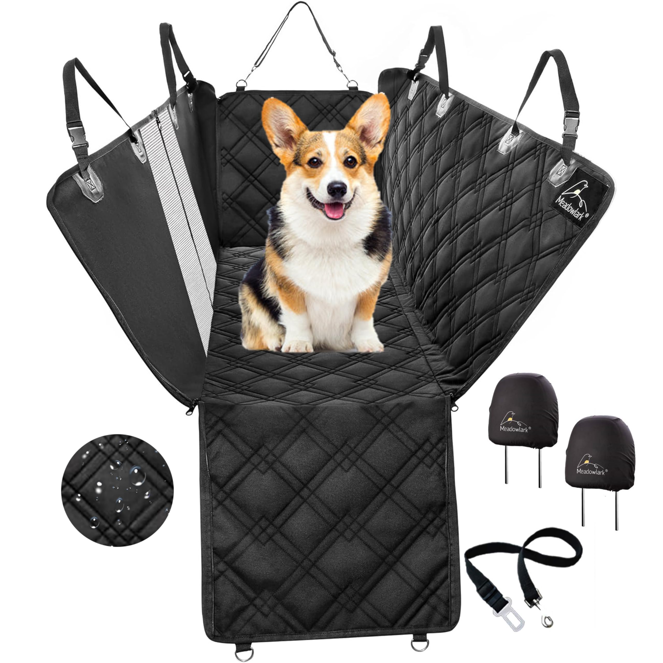 Meadowlark dog seat cover with mesh window for airflow and visibility.