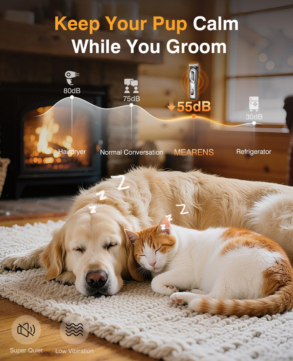 Mearens dog clippers with six guide combs for precise length control.