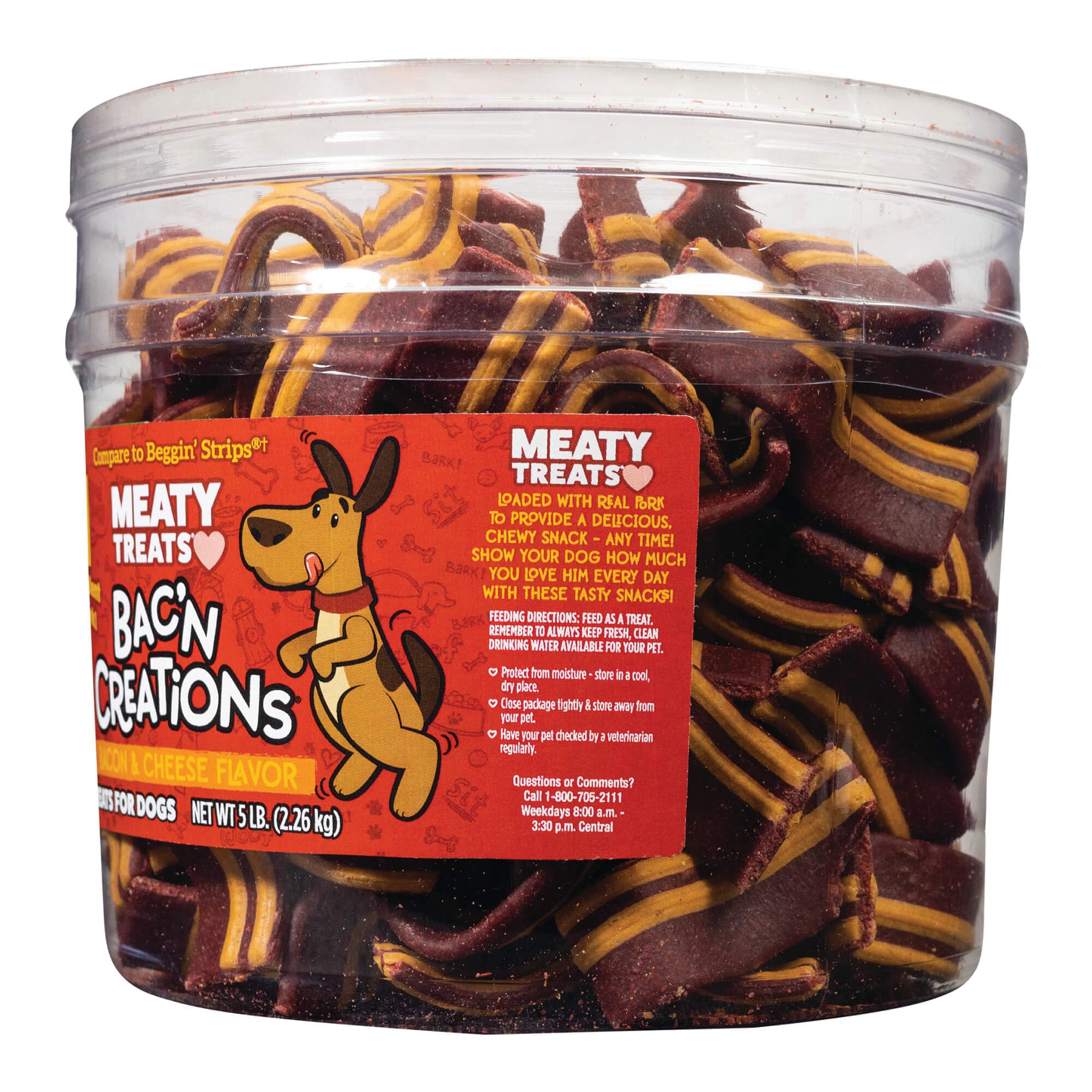 Meaty Treats bacon and cheese dog treats tub closeup, savory flavor and chewy texture.