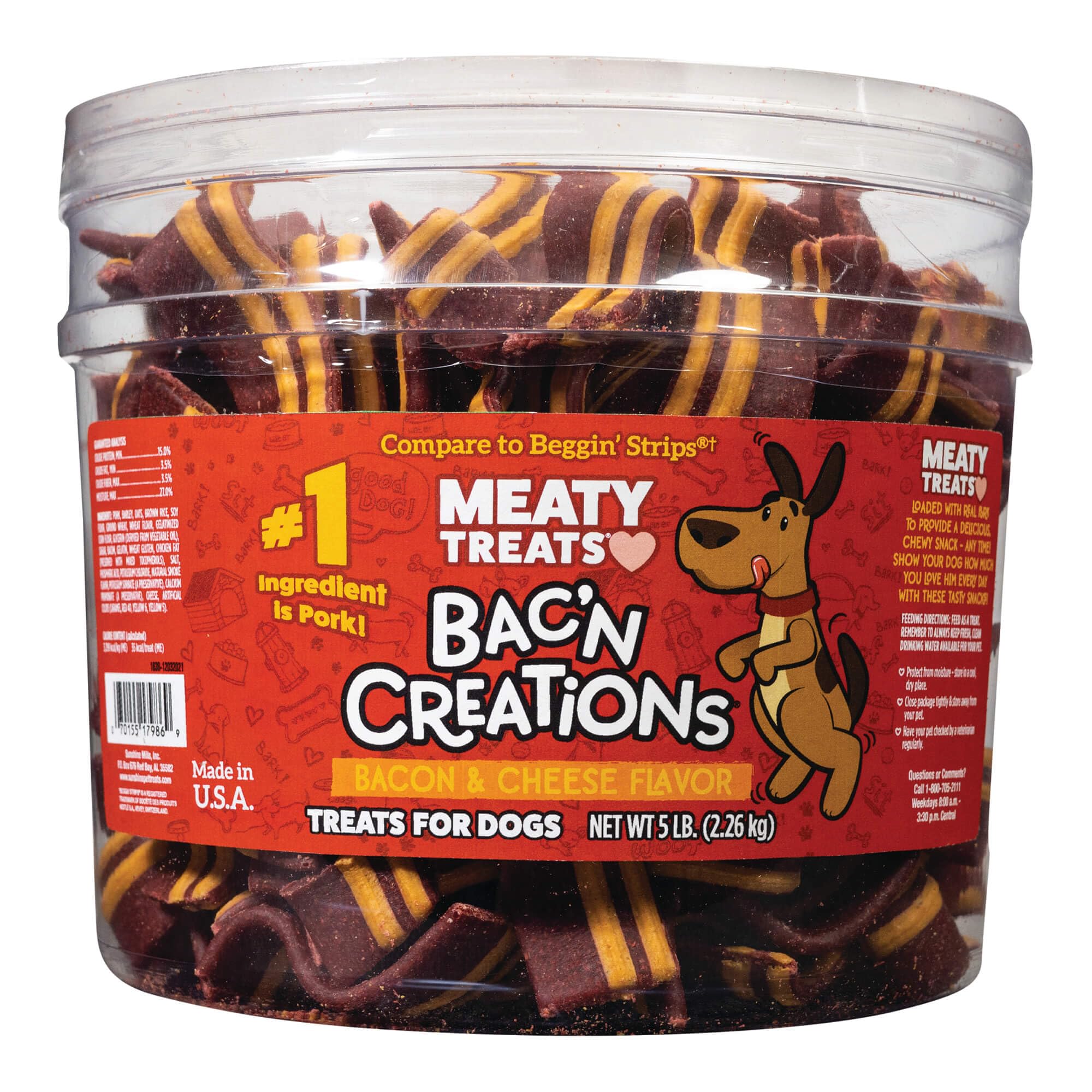 Meaty Treats bacon and cheese dog treats tub front view, enticing aroma for dogs.