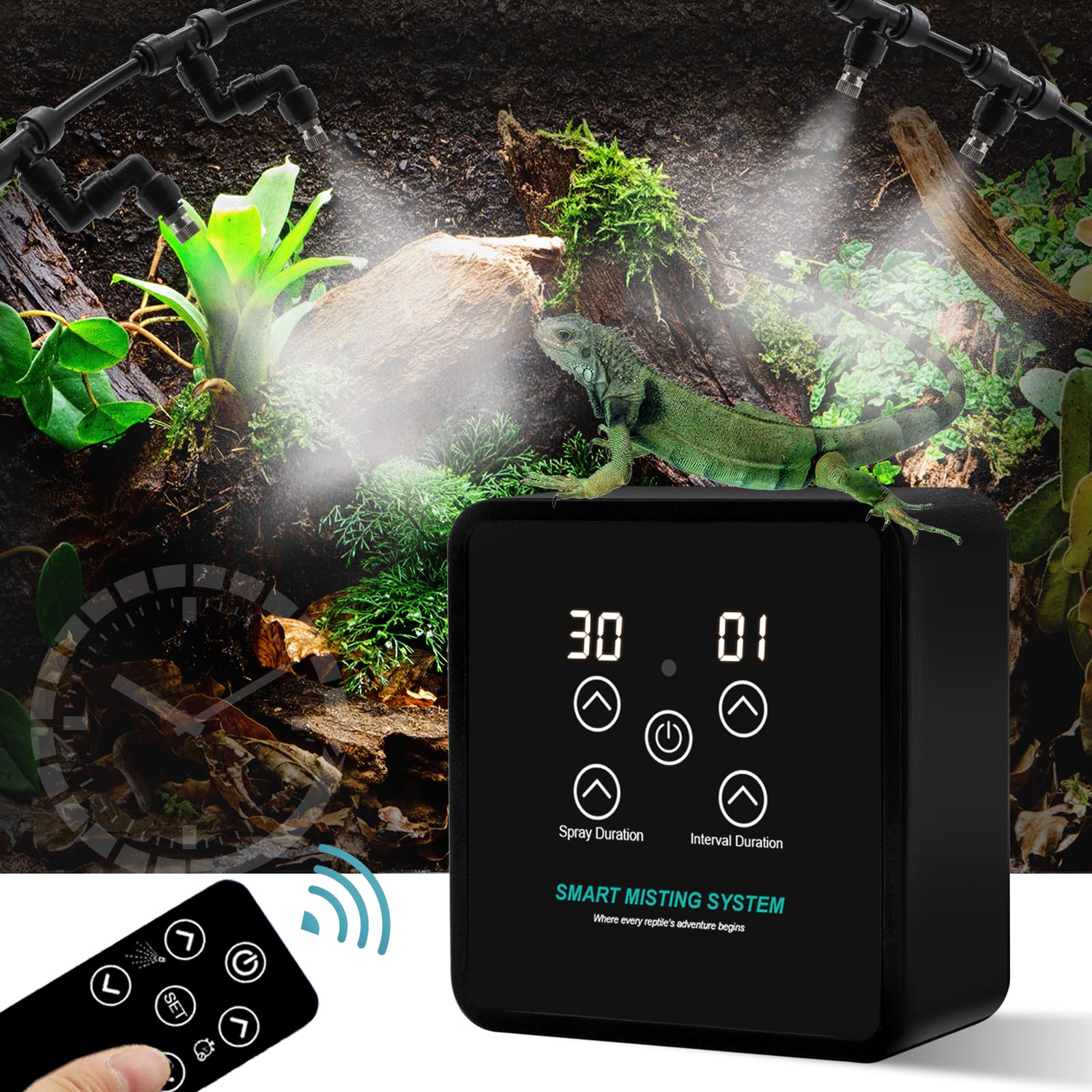 MECESOR automatic mister front view for terrarium humidity control.