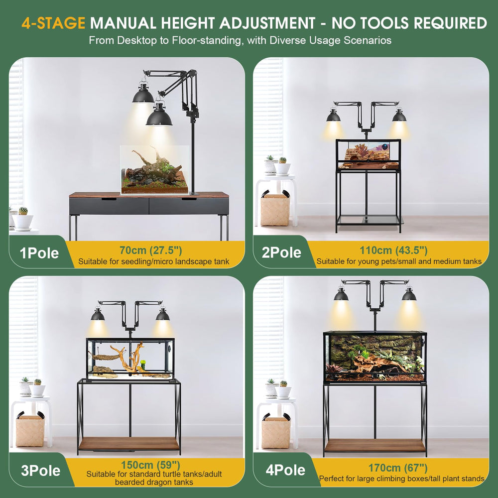MECESOR Dual Reptile Lamp Stand vertical swing optimizes heat and light direction
