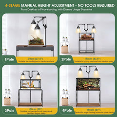 MECESOR Dual Reptile Lamp Stand vertical swing optimizes heat and light direction