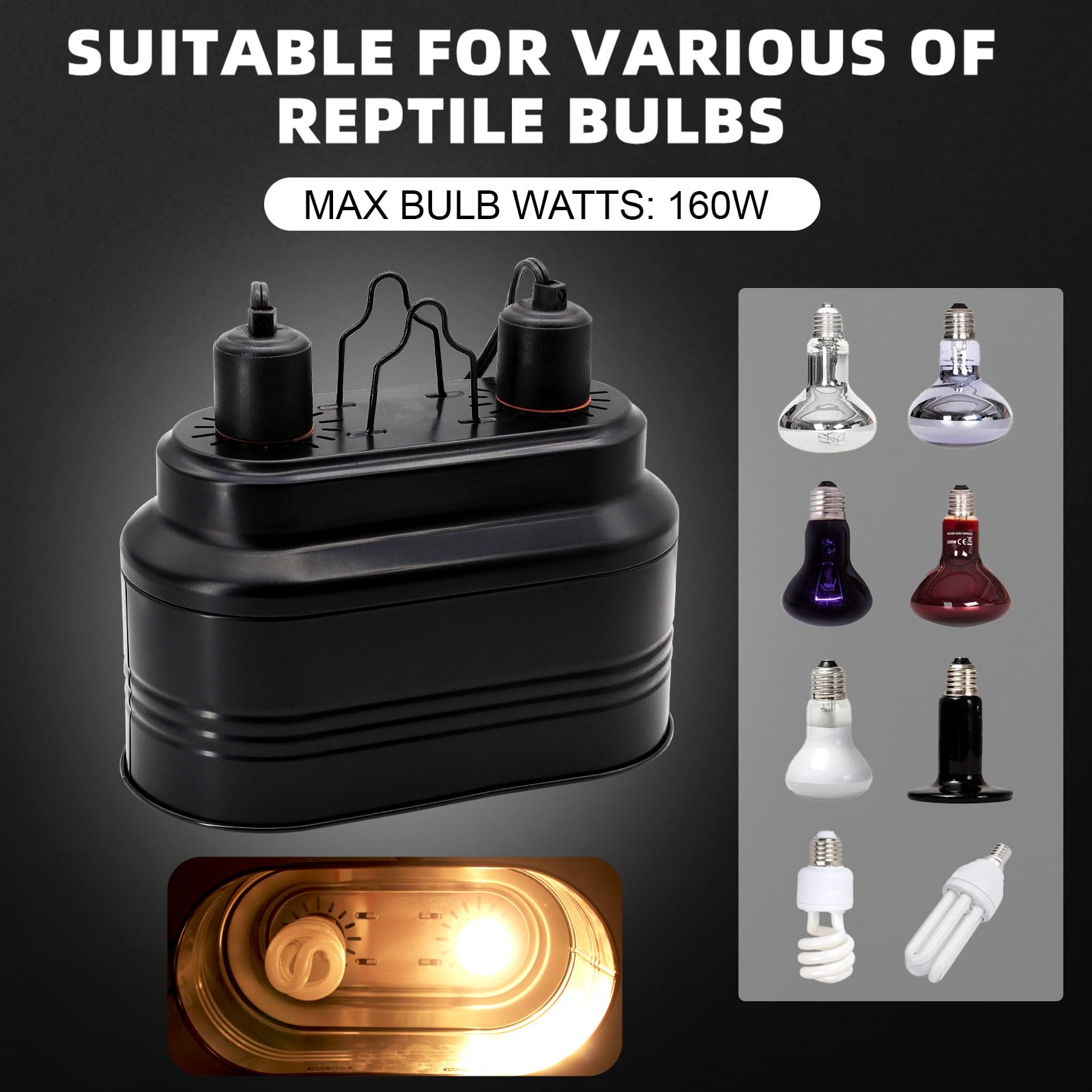 MECESOR dual reptile lamp supports universal E26 sockets for multiple bulb types