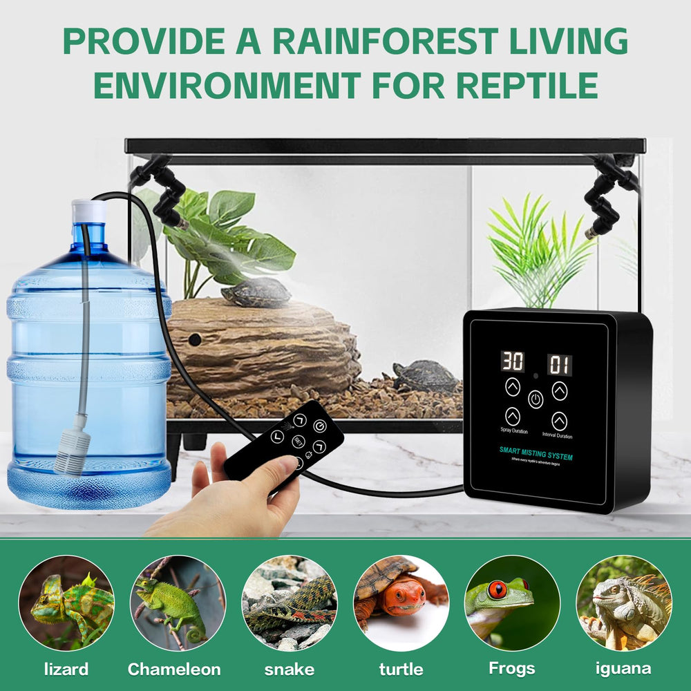 MECESOR terrarium misting setup delivering rainforest-like humidity in habitat.