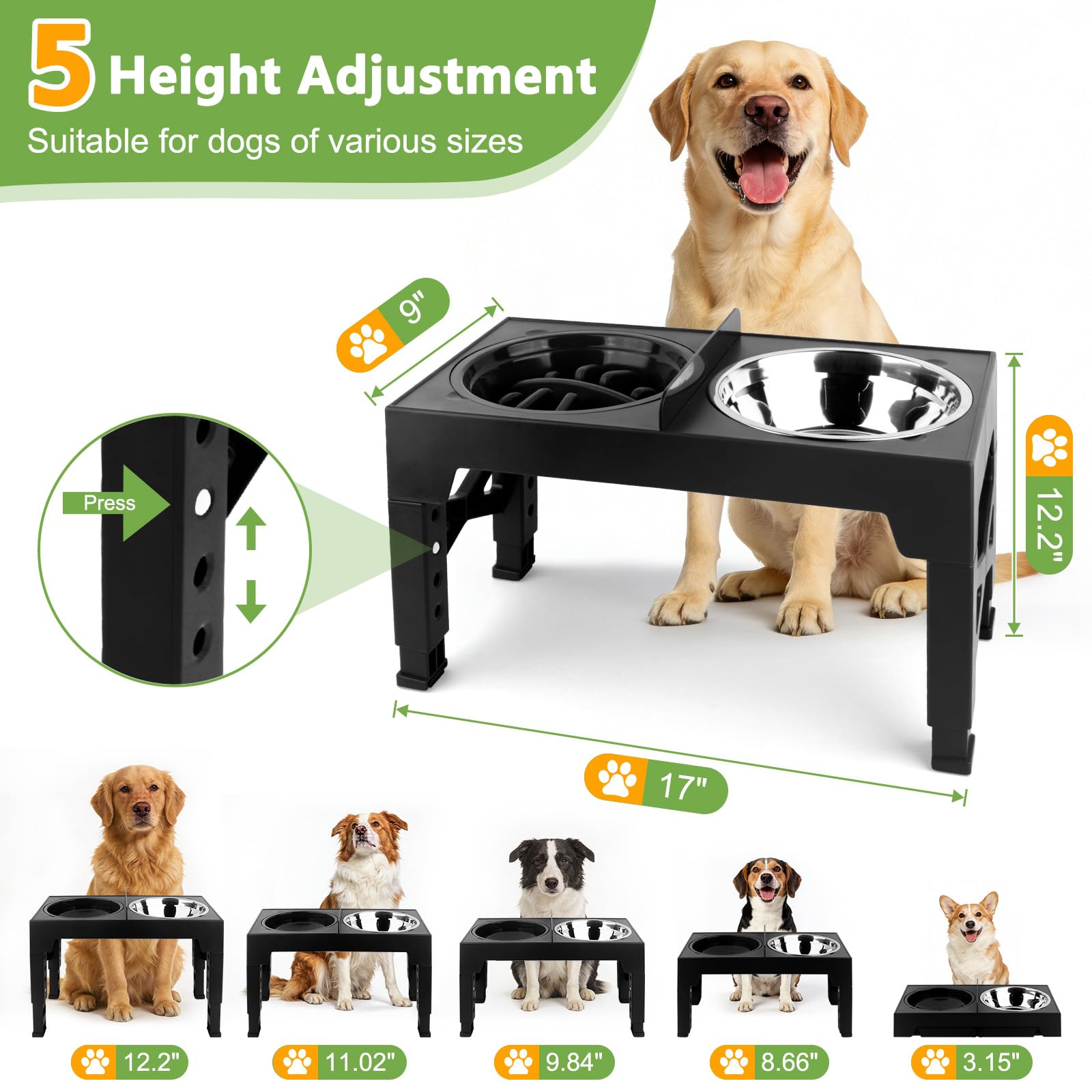 Mecheer dog feeder stand with 5-height adjustment for small to large dogs