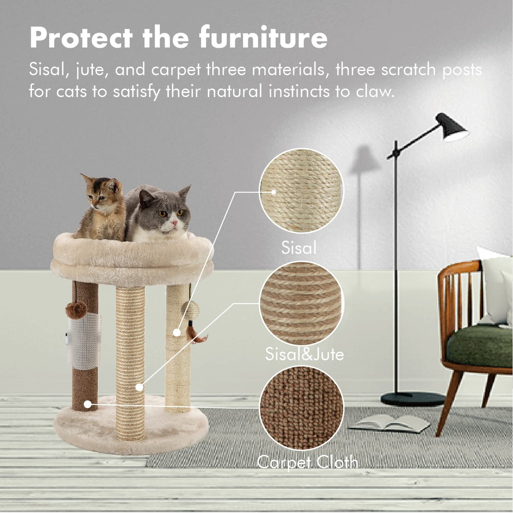 MECOOL cat tree with sisal posts to satisfy scratching instincts.