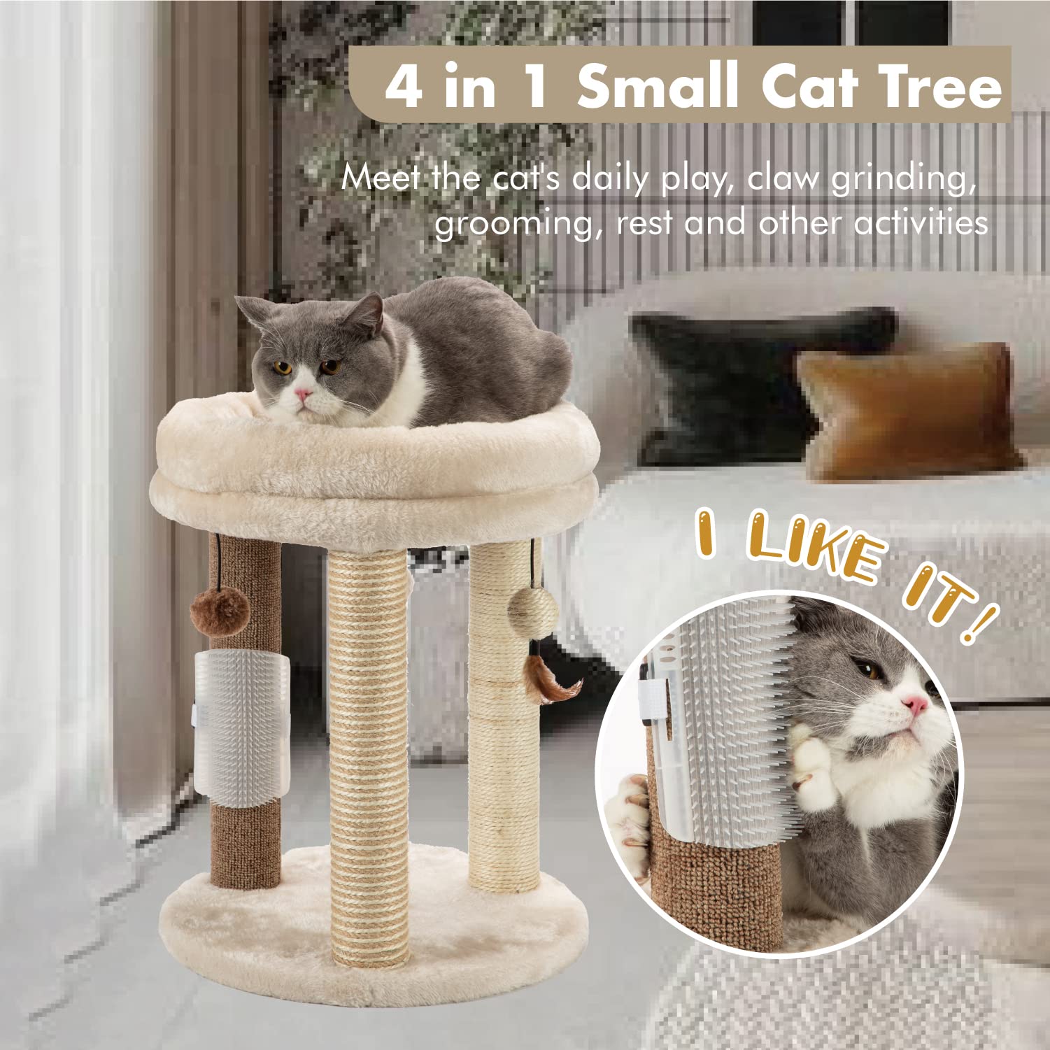 MECOOL cat tree with soft bed tower for cozy lounging.