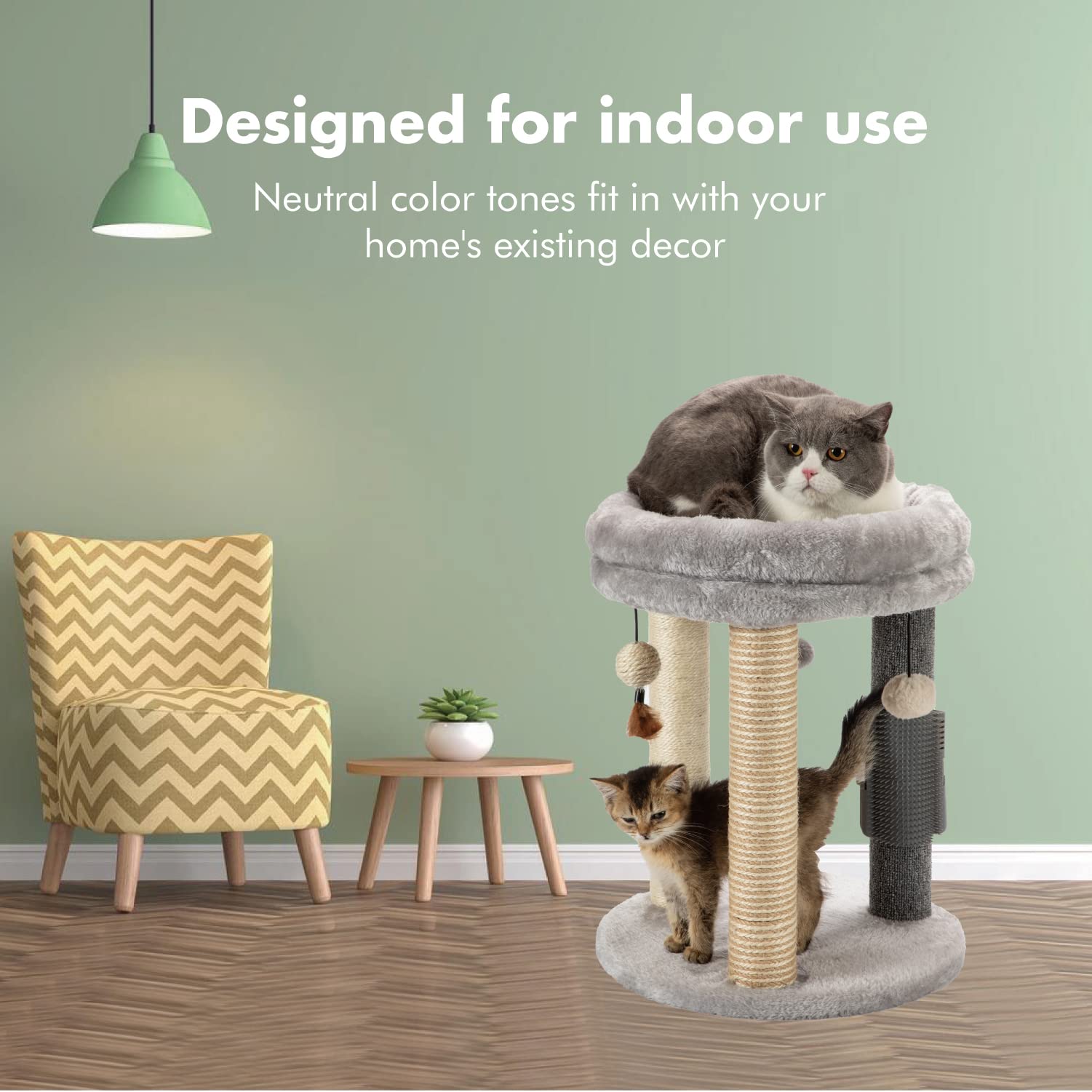 Three hanging balls on MECOOL cat tree invite playful interaction.