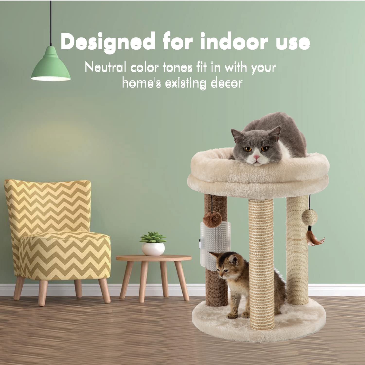 MECOOL cat tree three hanging balls stimulate interactive play.