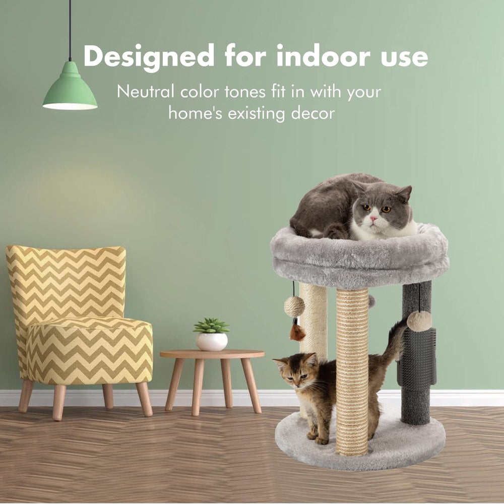 Three hanging balls on MECOOL cat tree invite playful interaction.