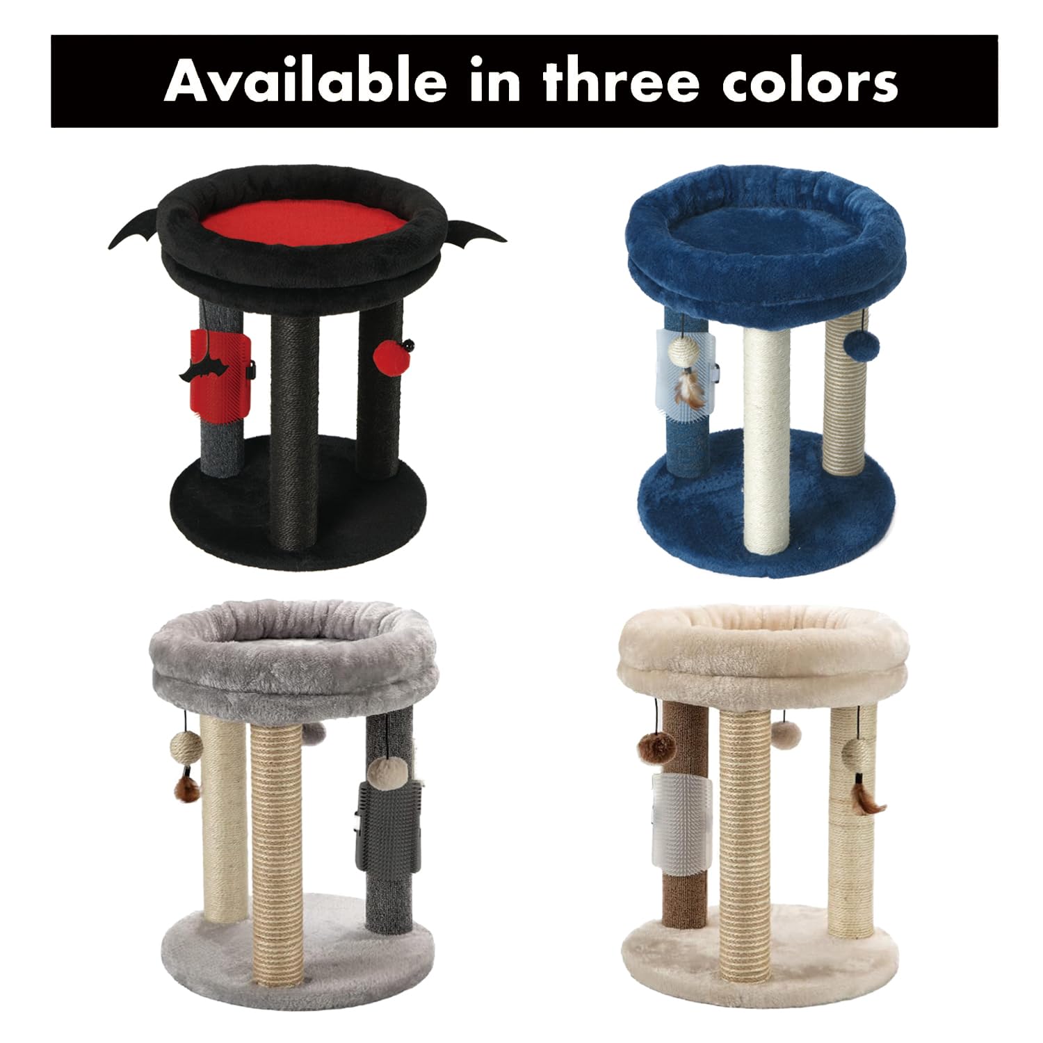 MECOOL 4in1 cat tree features three hanging balls to encourage play.