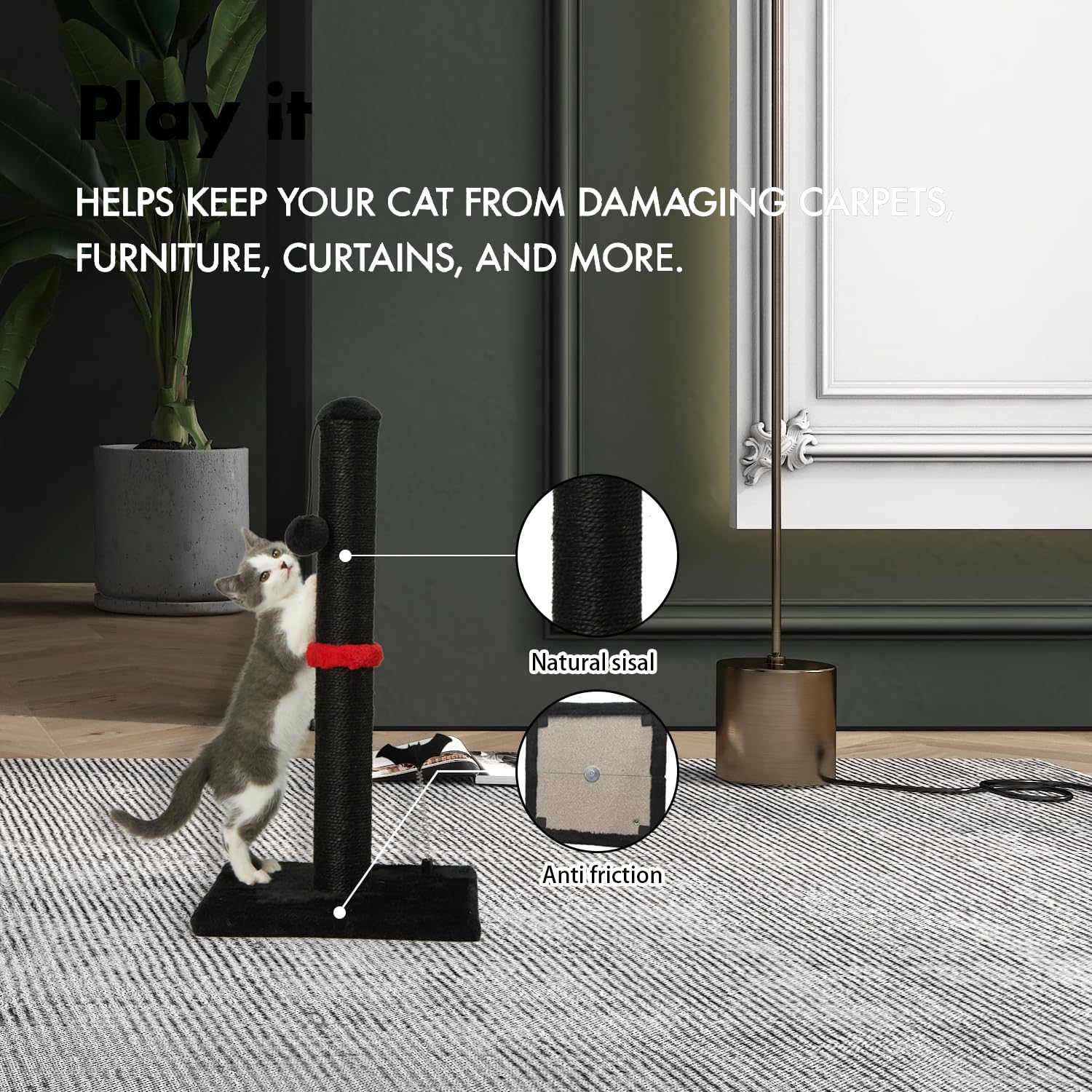 MECOOL cat scratching post base provides stable, tip-resistant standing on floors.