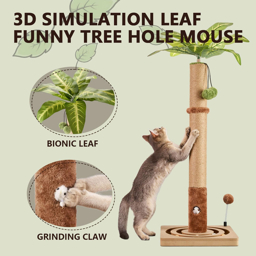 MECOOL cat tree features a hanging ball for interactive fun.