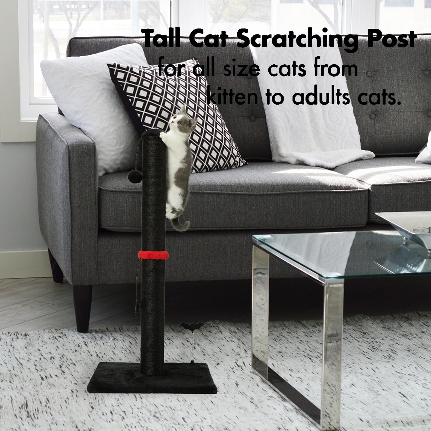 MECOOL indoor cat post in neutral finish blends with decor.