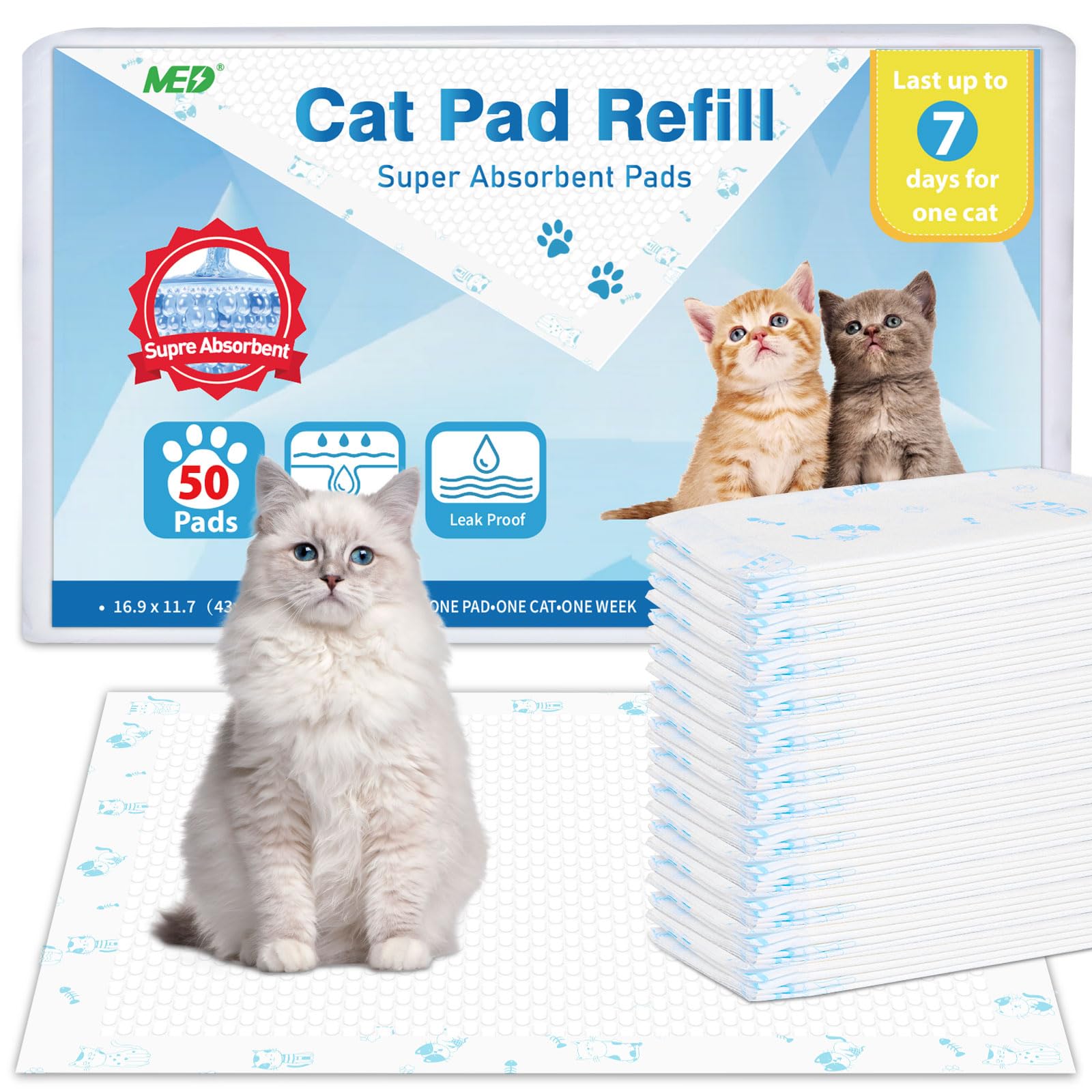 MED Cat Litter Pads with superior absorbent core for fast urine lock and cleaner litter box.