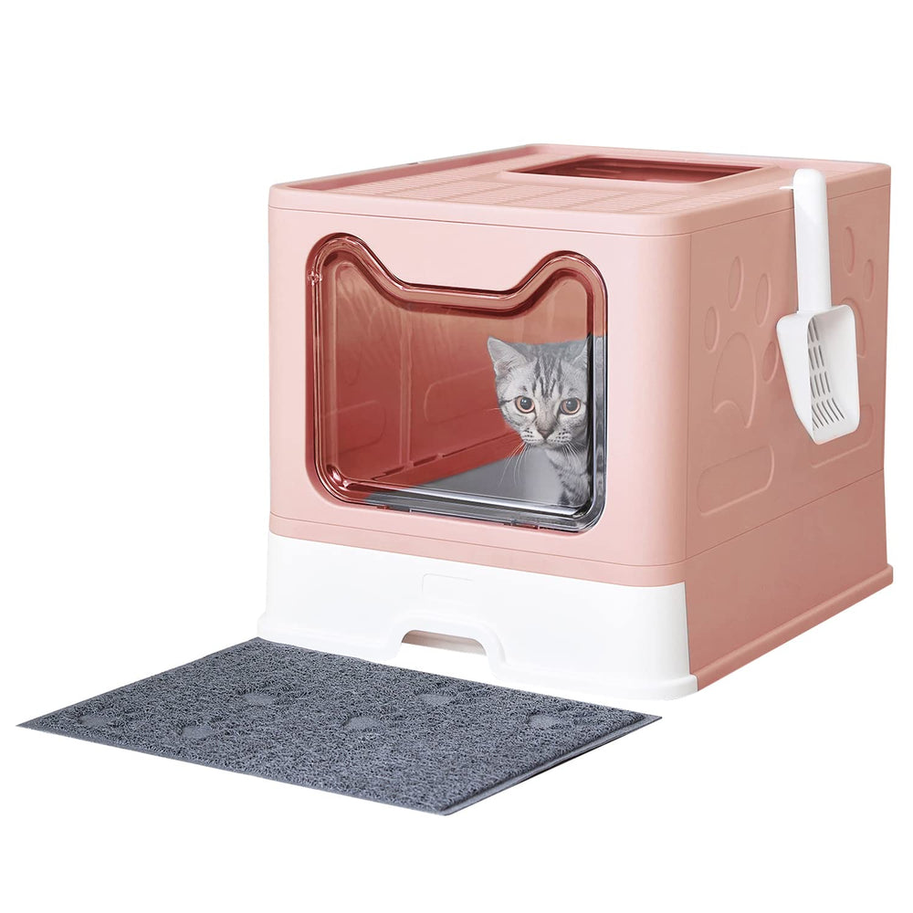 Medario Cat Litter Box front-entry pink reduces litter scatter and odors.