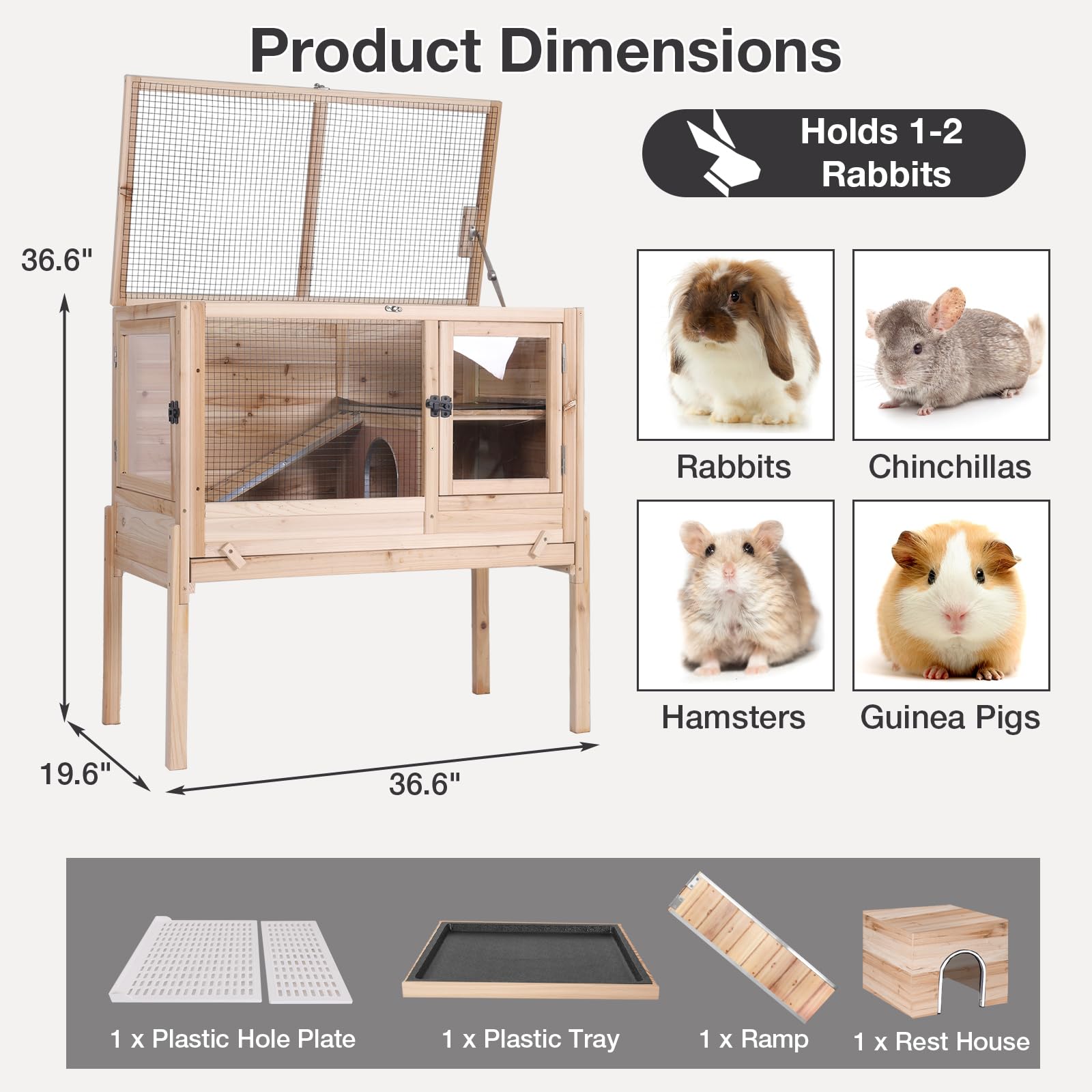MEDEHOO cage with dimensions suitable for 1 rabbit or 1–2 small pets.